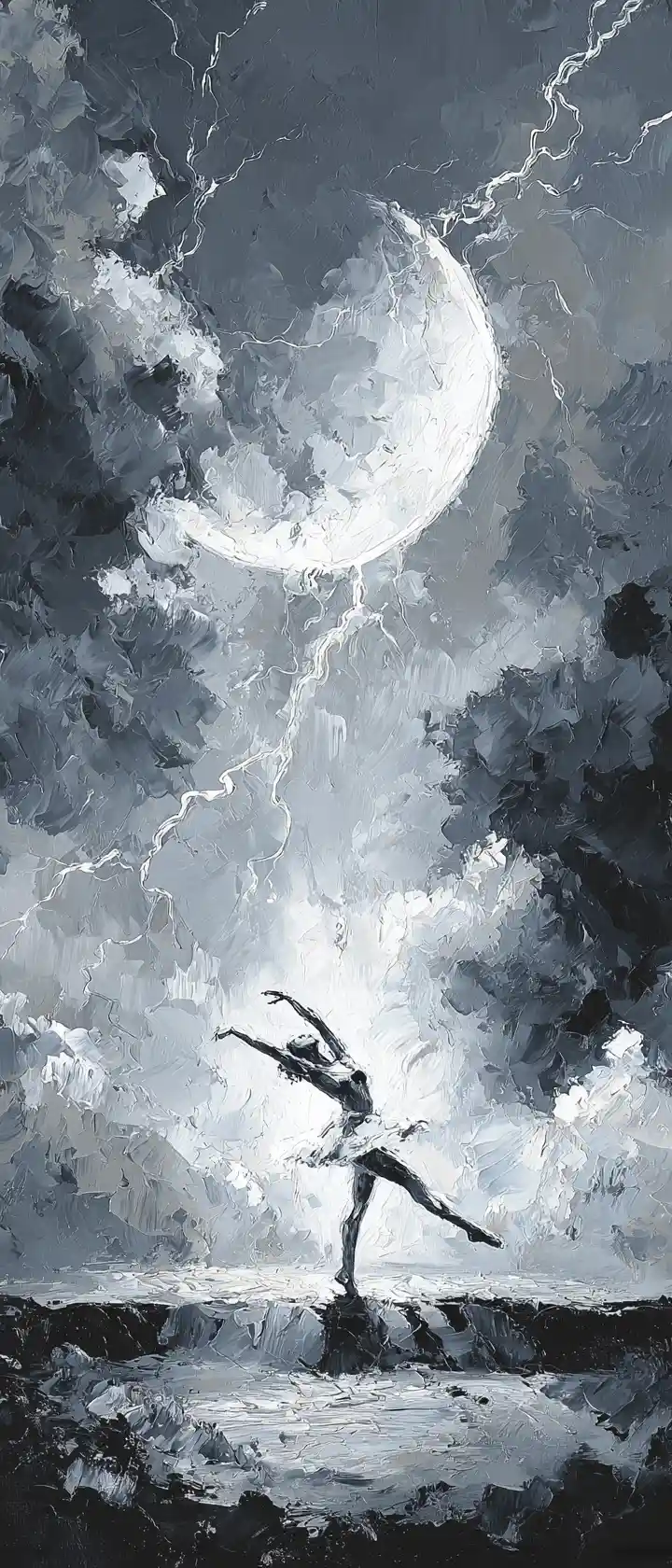Graceful dancers in white on a moonlit stormy stage