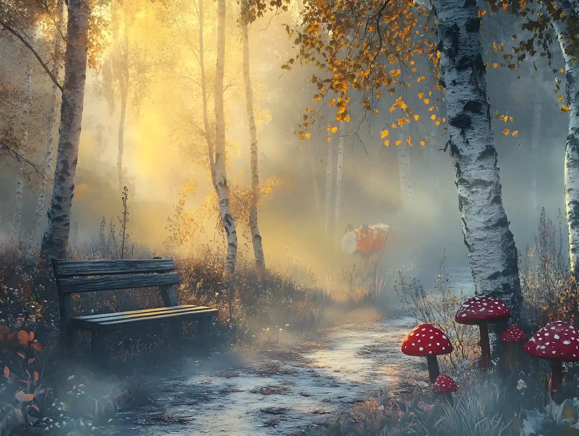 Mystical Sunrise Forest With Wolf And Fairy Mushrooms