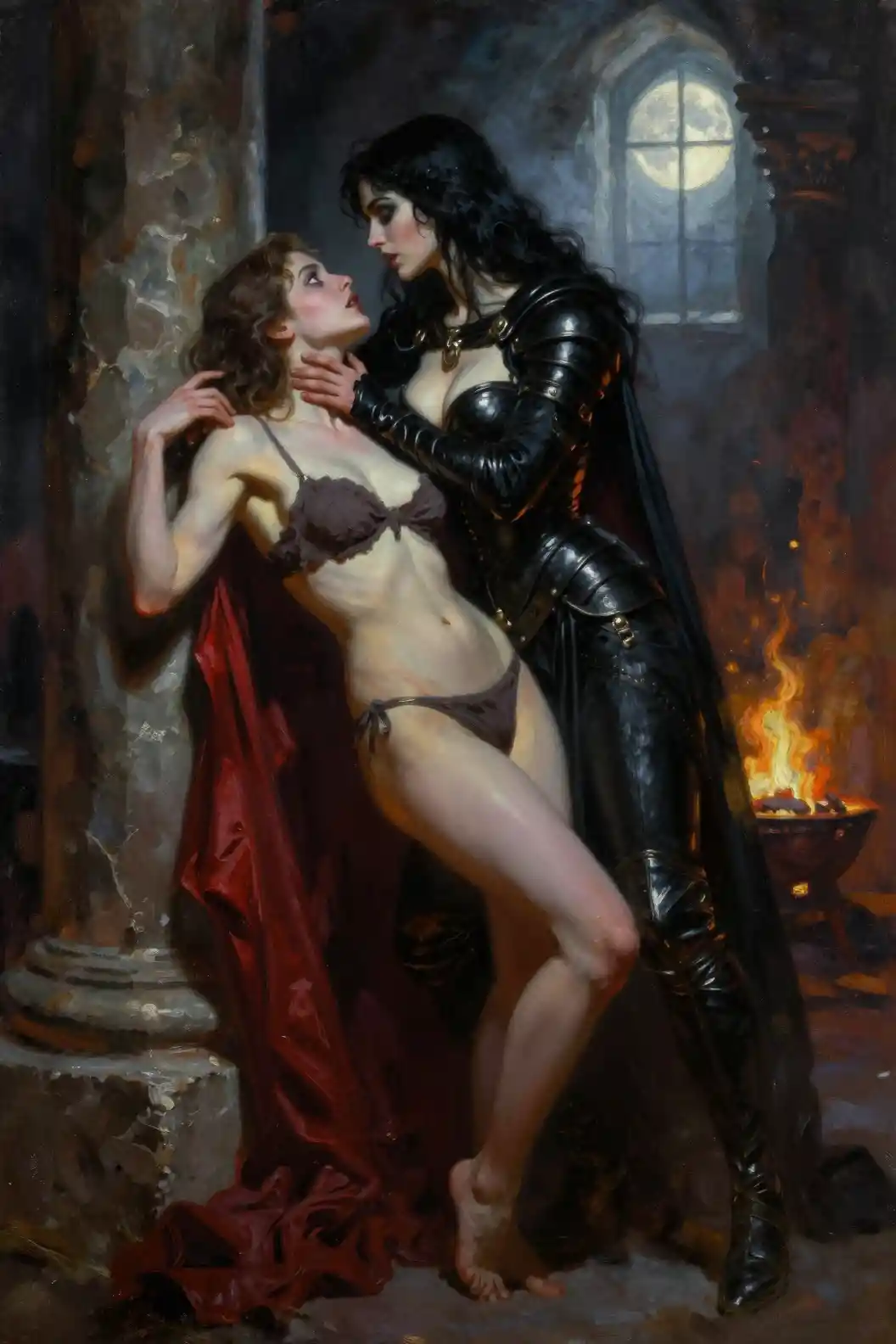 Dark sorceress seducing acolyte in ancient temple chamber