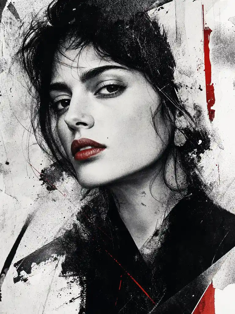 Ink portrait of a young woman with red lips and dark eyes