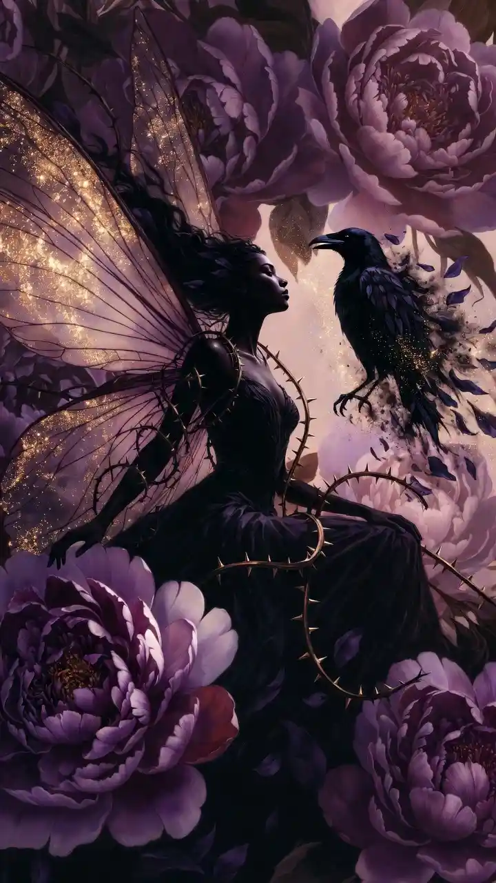 Ethereal fairy woman among giant amethyst peonies