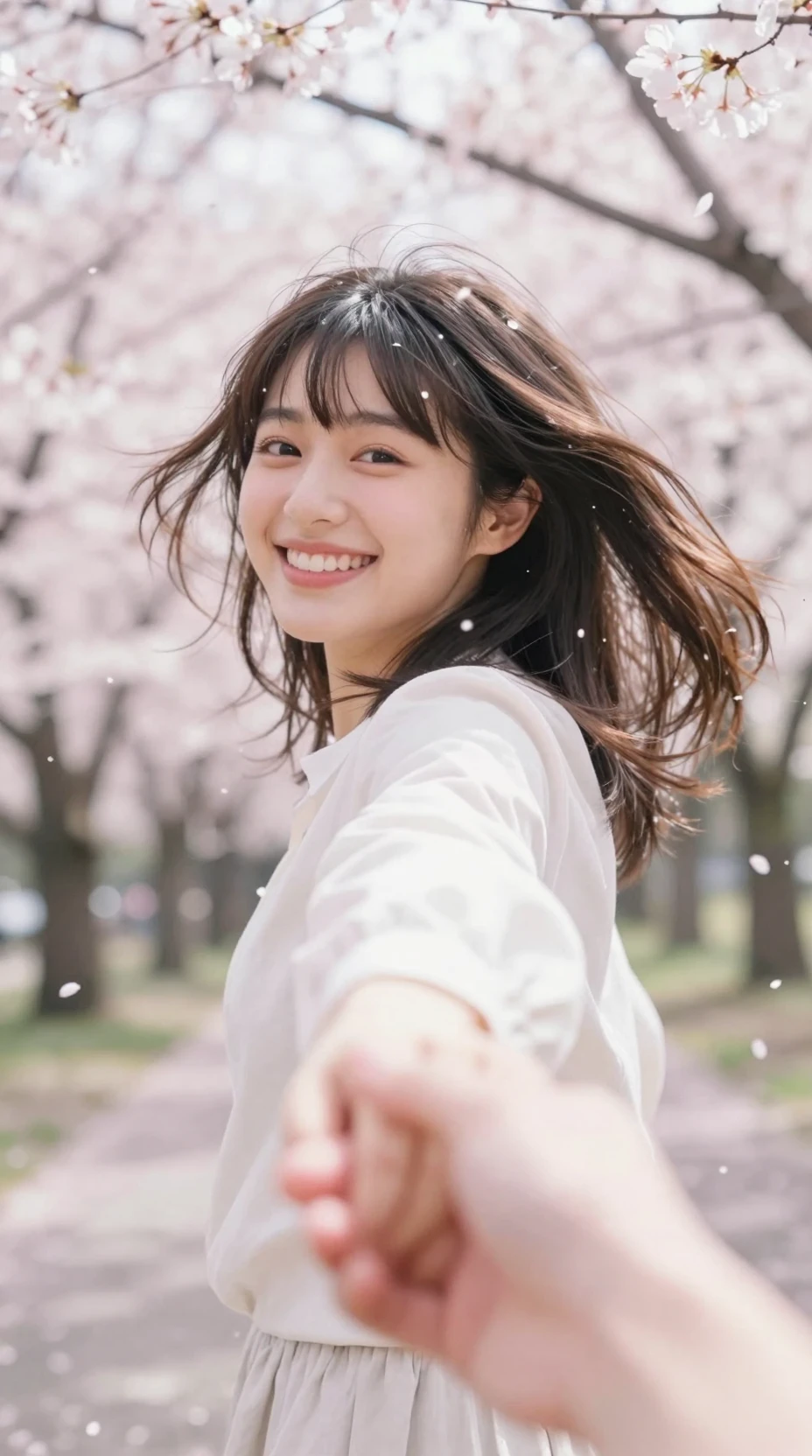 Chica japonesa sonriente que guía al espectador entre los cerezos en flor