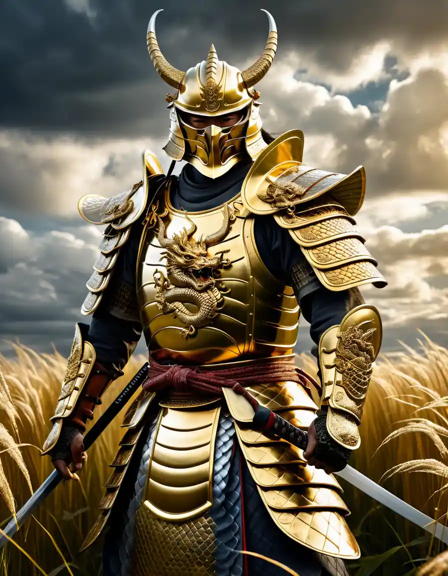 Samurai Warrior In Golden Armor Standing In Tall Grass