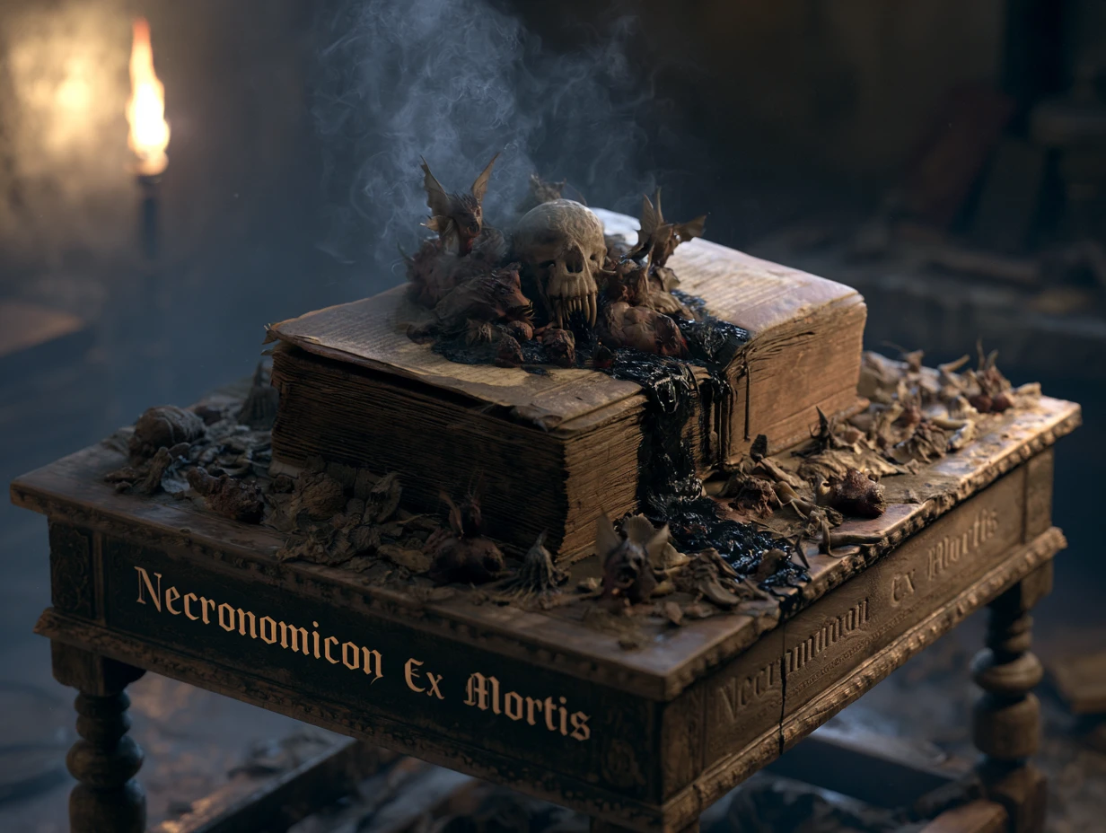 Creepy 3d book unleashing demons on ancient wooden table