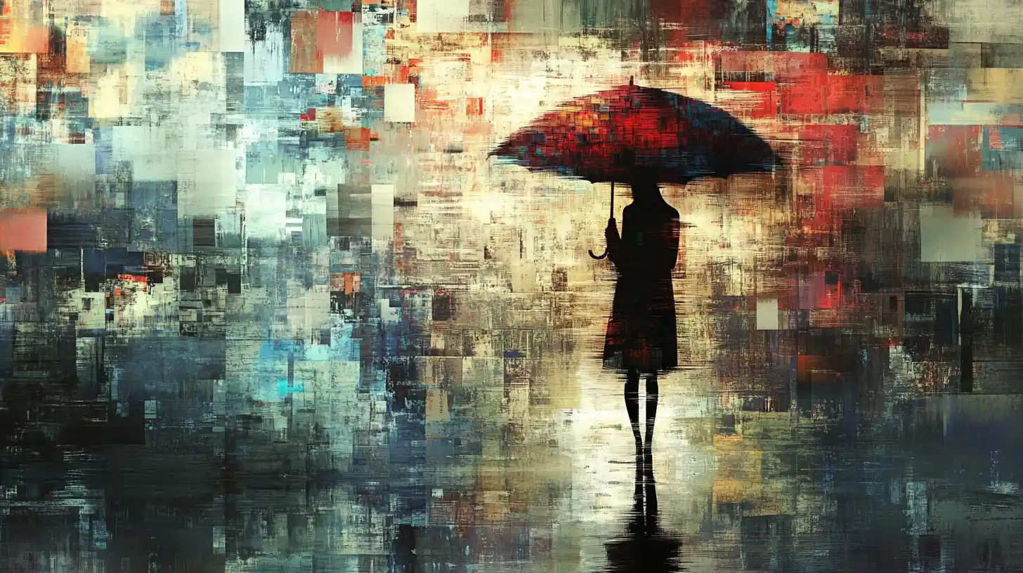 Patchwork umbrella dissolving into digital glitch fragments