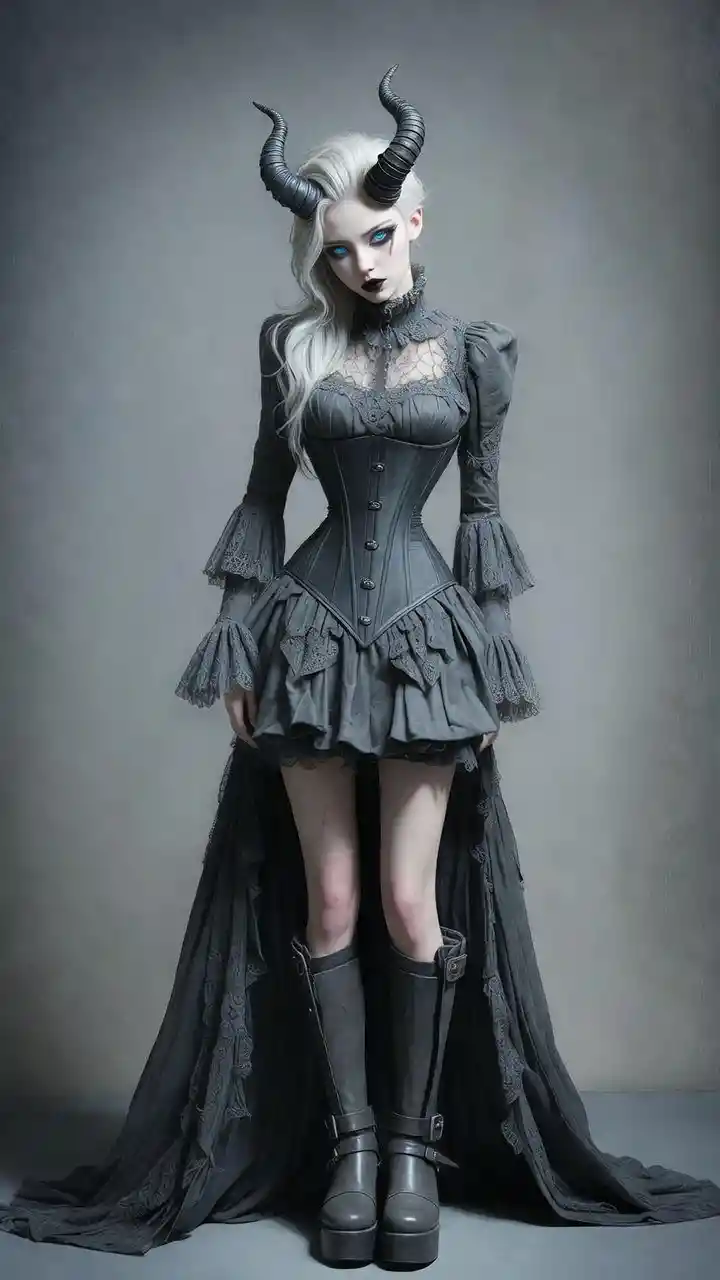 Fantasy woman in dark steampunk victorian evening gown