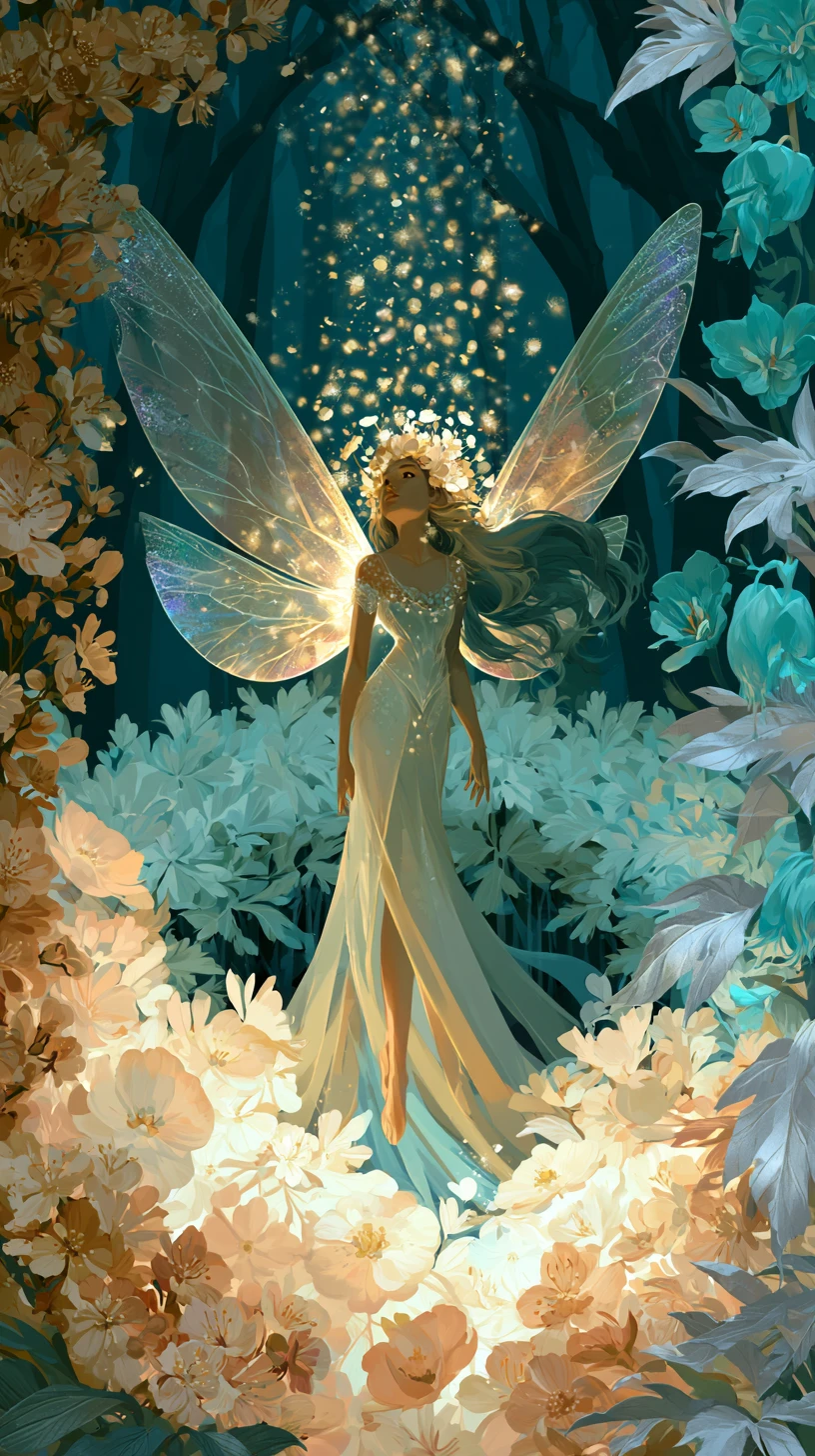 Faerie queen standing in a luminous enchanted spring garden