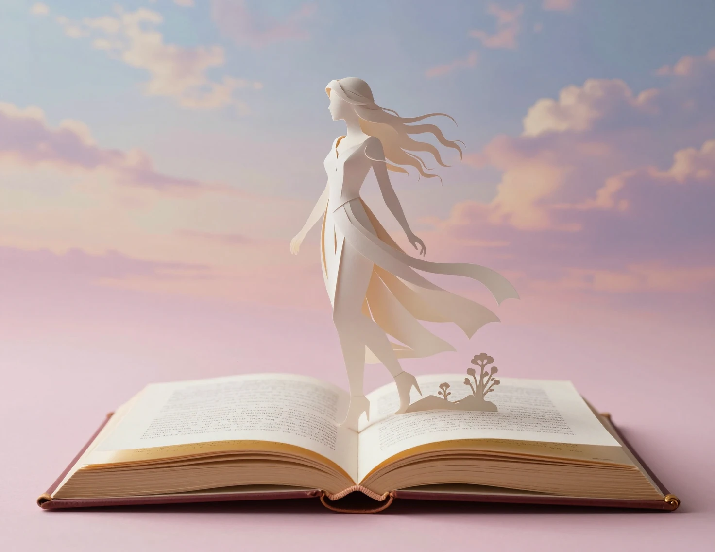 Paper cutout woman rising from a vintage popup book
