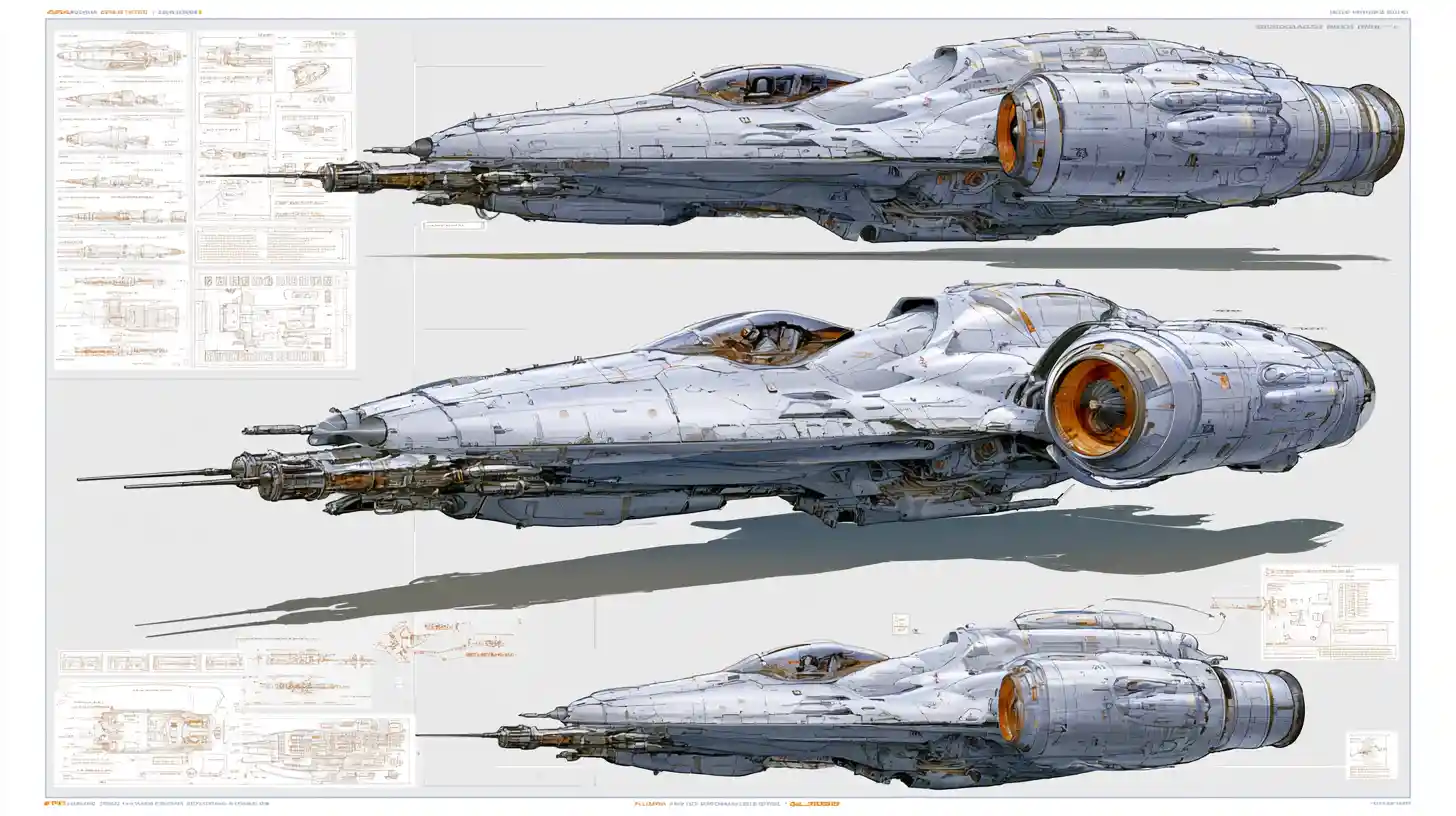 Technical diagram of single seat space fighter with schematics