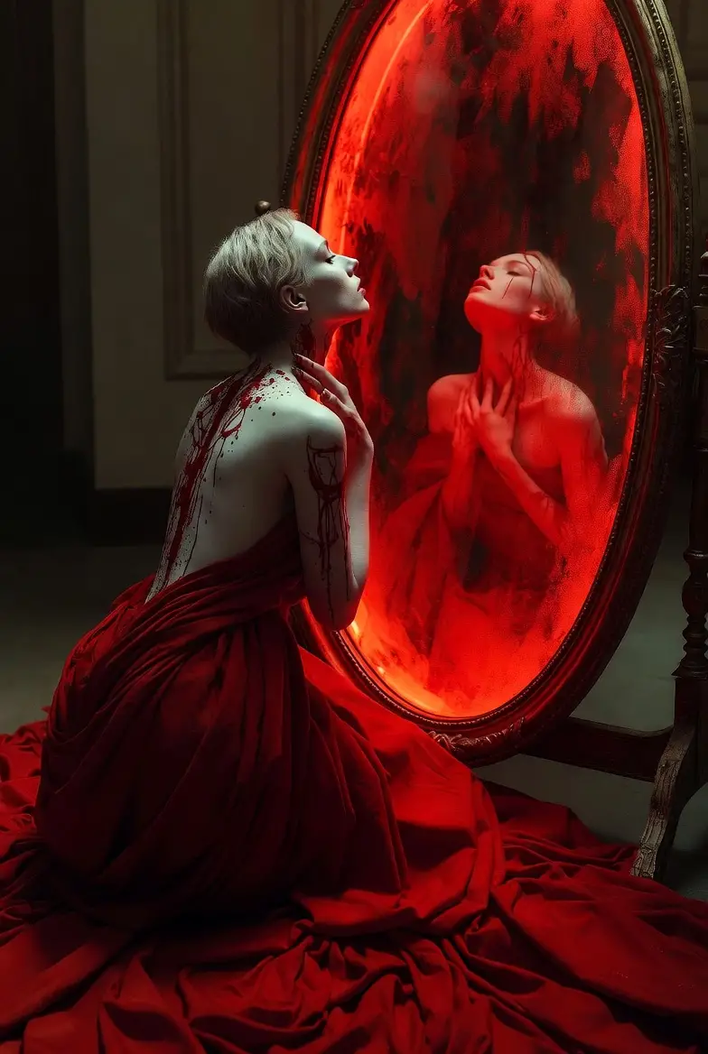 Woman in red dress kneeling before glowing oval mirror