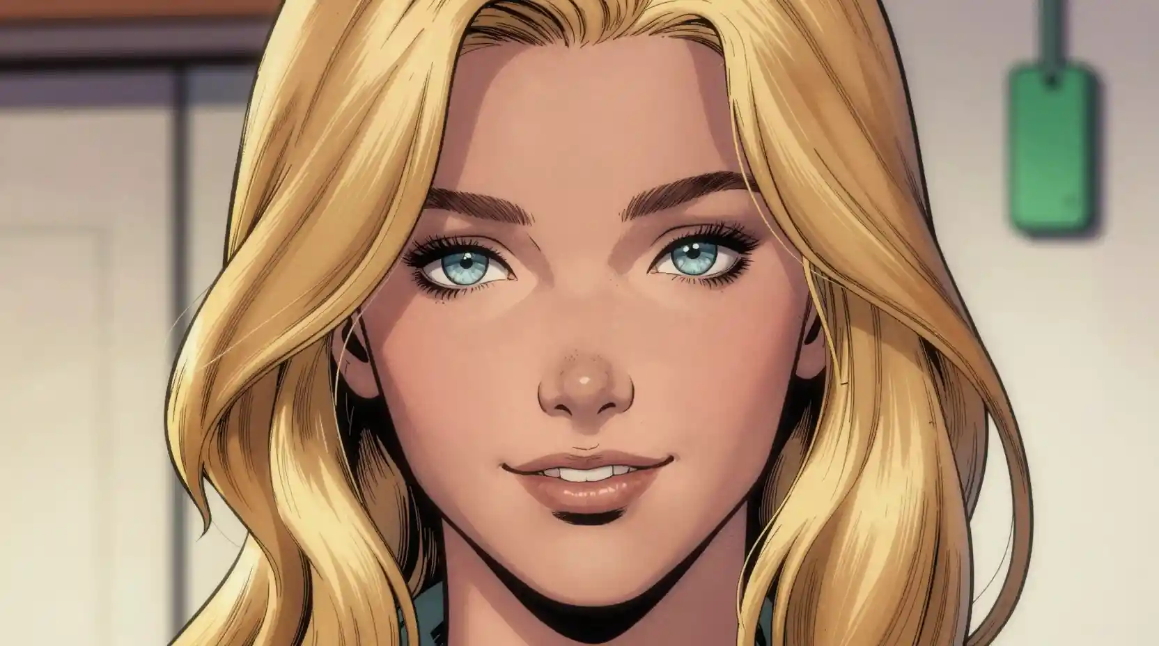 Blonde woman close up with light blue eyes and soft smile