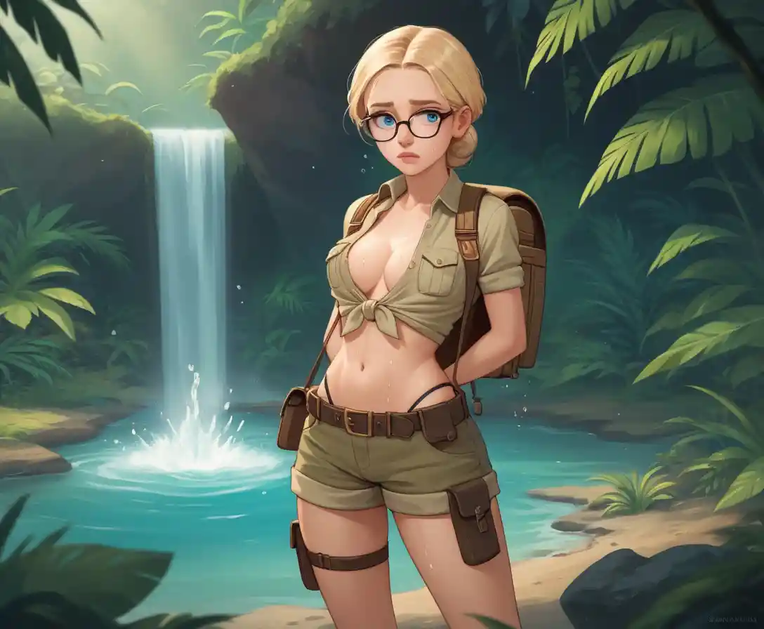 Young anthropologist cooling off beside a jungle stream