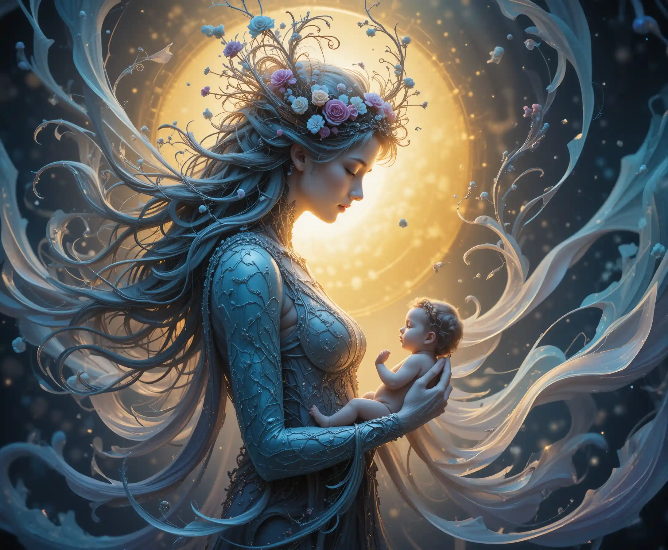 Surreal mother goddess cradling a child in glowing ribbons