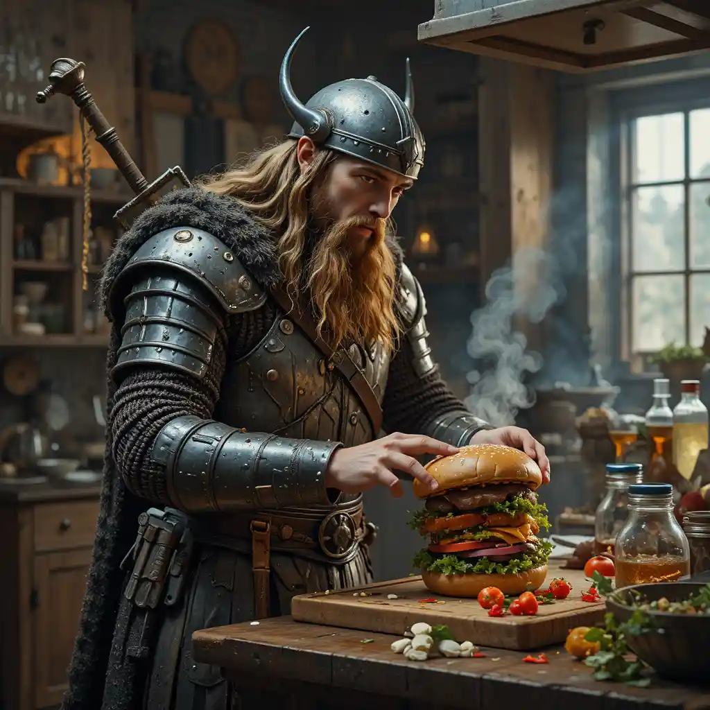 Viking warrior in armor cooking a burger in a kitchen