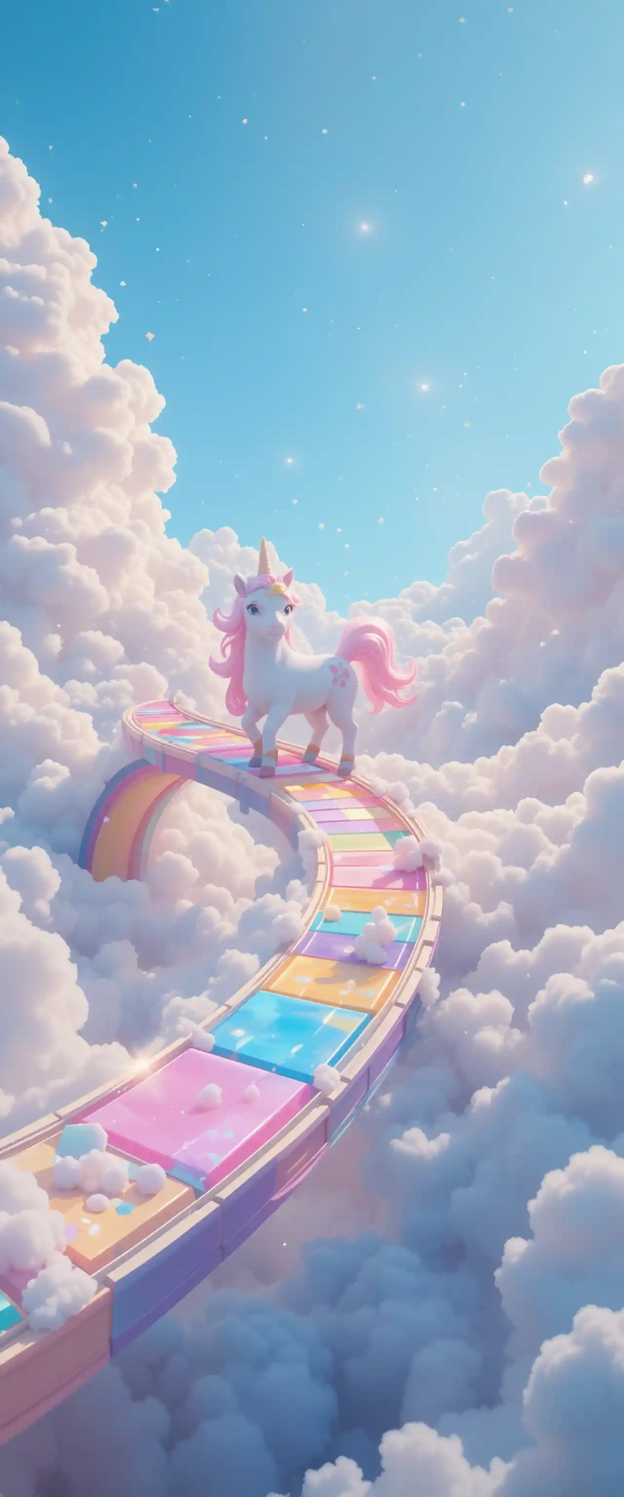 Unicorn On A Floating Rainbow Candy Racetrack Above Clouds