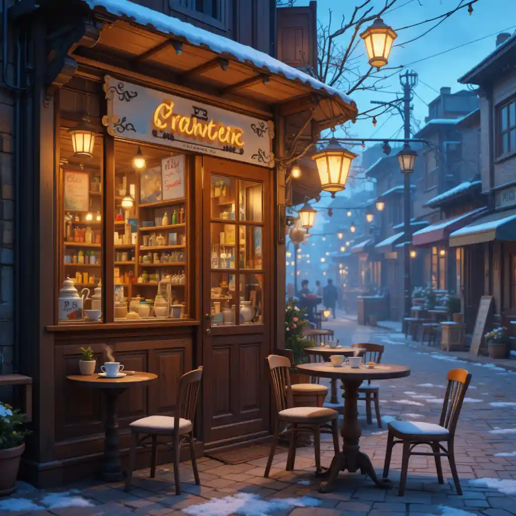 Cozy 3D street tea shop glowing on a winter evening