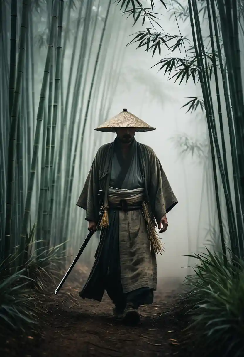 Lonely samurai walking through a misty bamboo forest