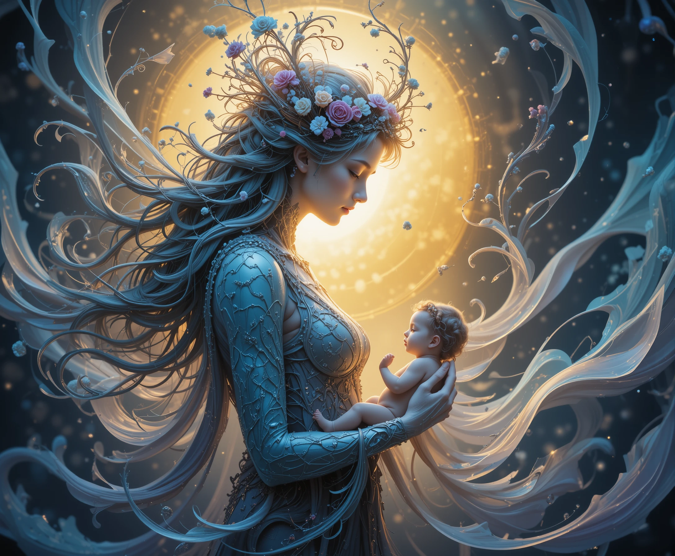 Surreal mother goddess cradling a child in glowing ribbons