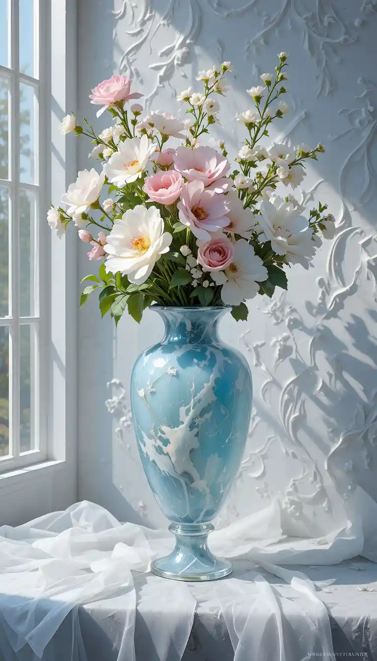 Elegant still life with agate vase and fresh flowers