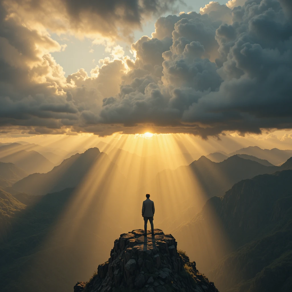 Man on mountain cliff under breaking storm clouds