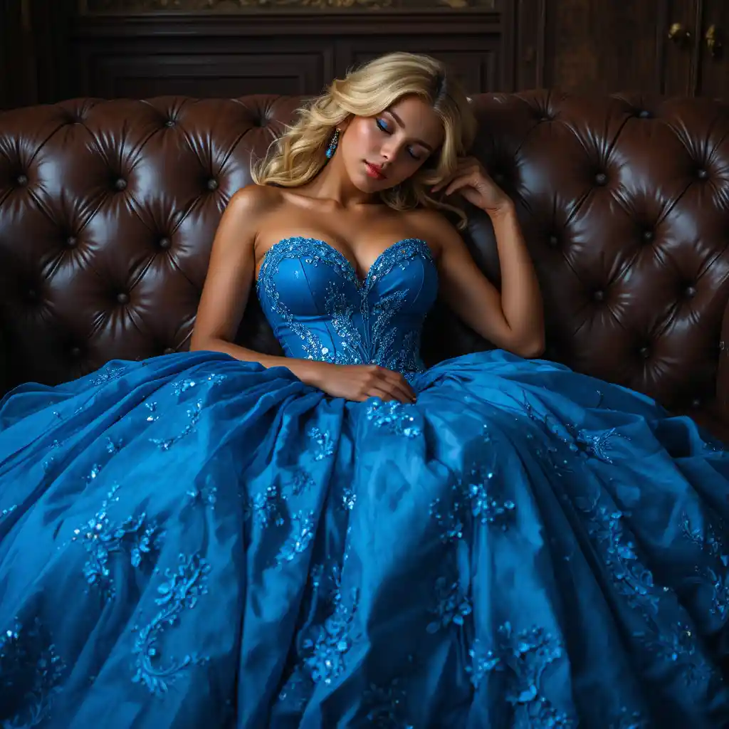 Latina woman in blue ball gown asleep on leather sofa