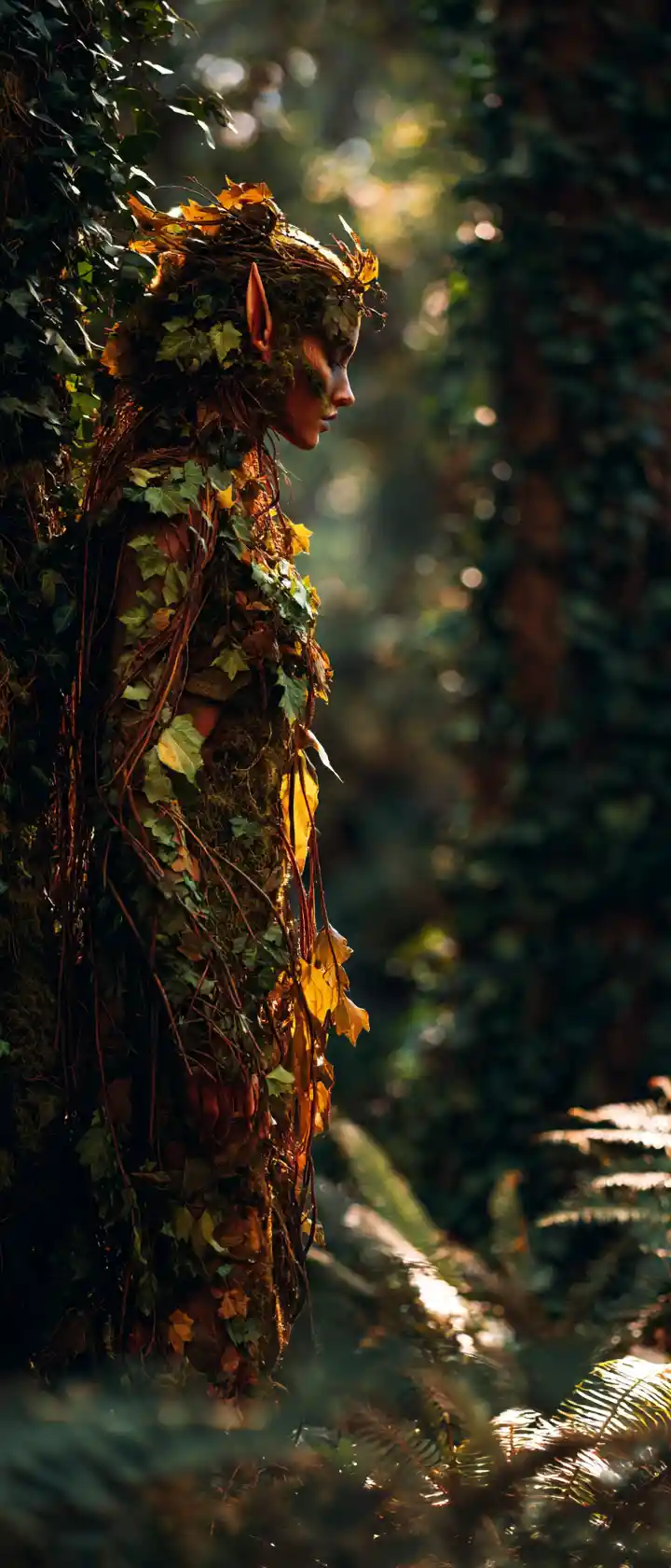 Dancer Camouflaged Among Leaves In A Dreamlike Forest