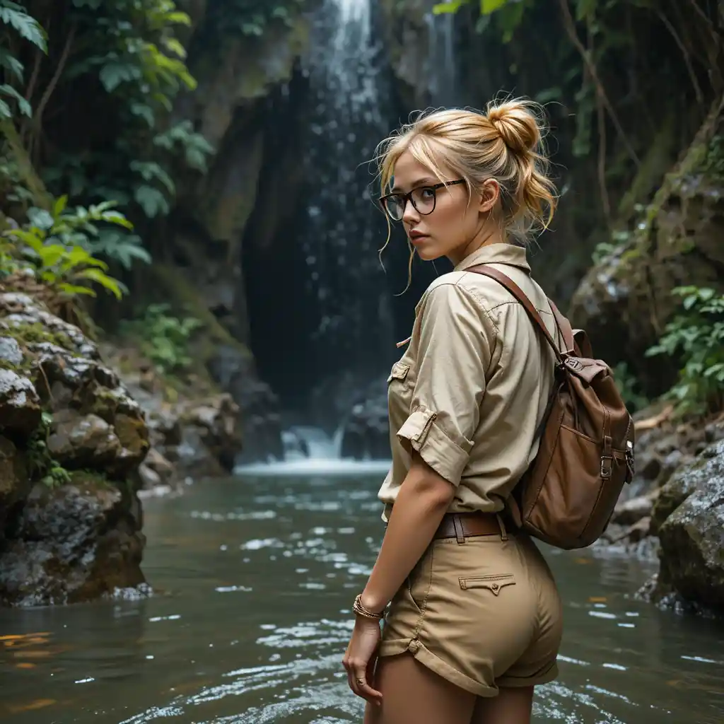Young explorer in waterfall pool facing hidden cave