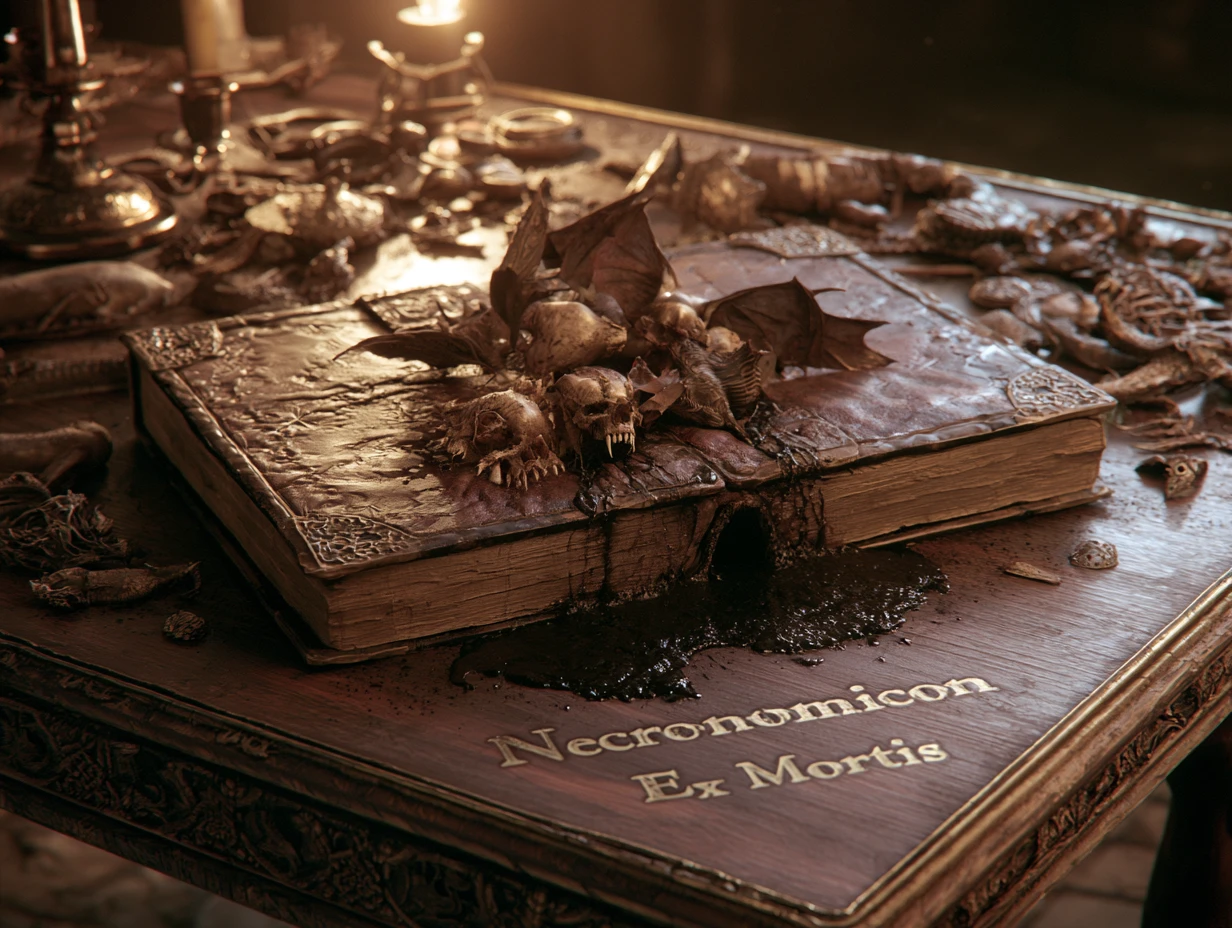 Creepy 3D demon filled book on ancient wooden table