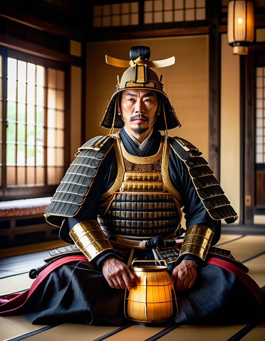 Samurai seated in golden armor inside an Edo palace