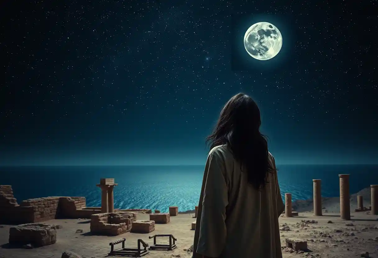 Man gazing at stars above ancient seaside ruins
