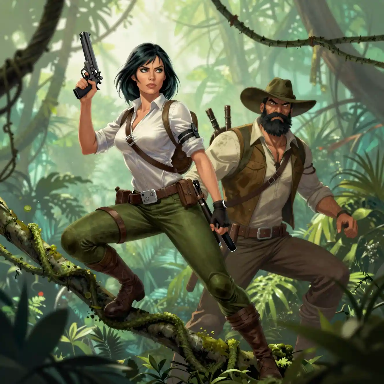 Adventurers on a jungle vine with pistol and rugged gear