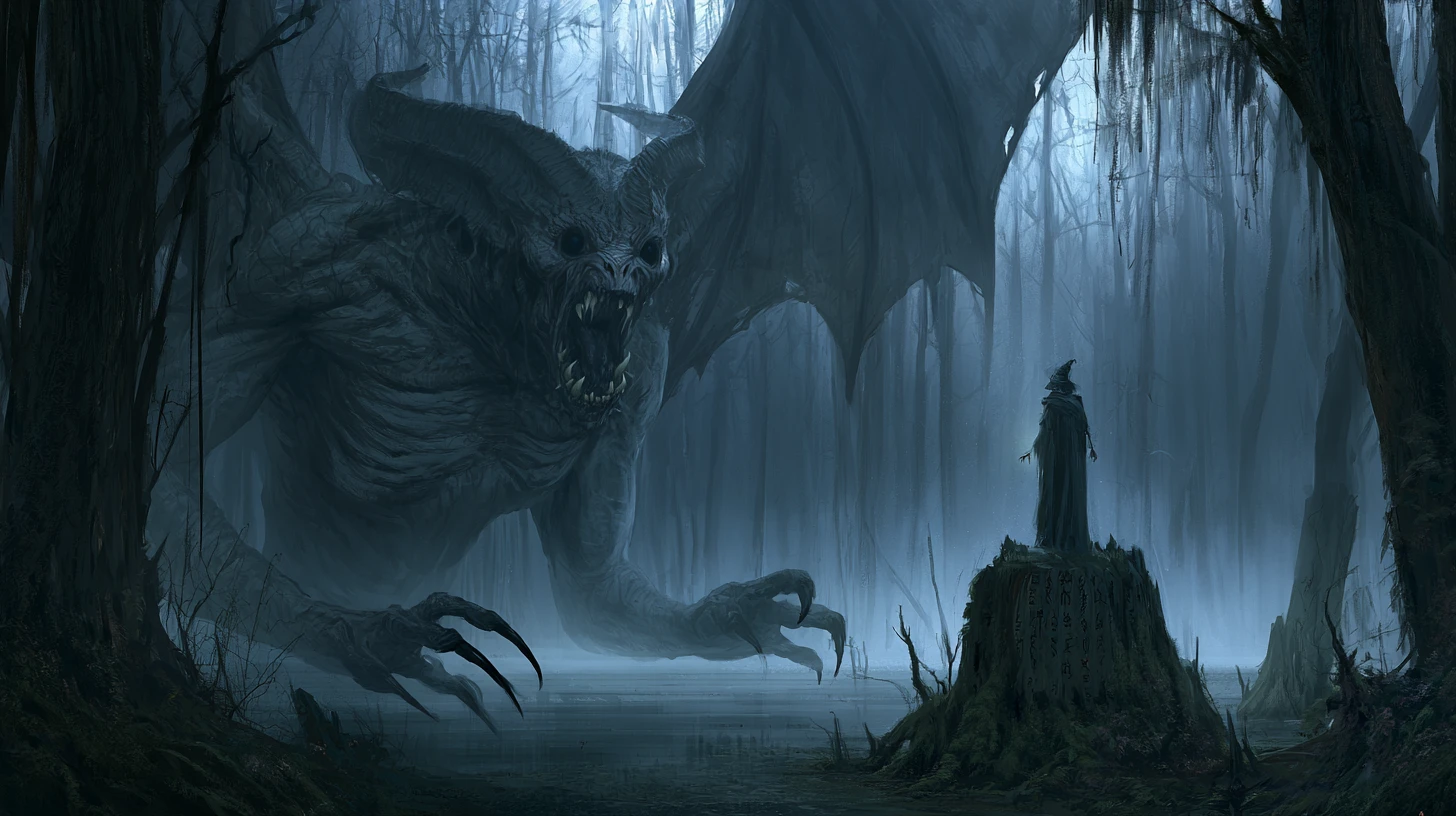 Ancient witch summoning a winged demon from the swamp