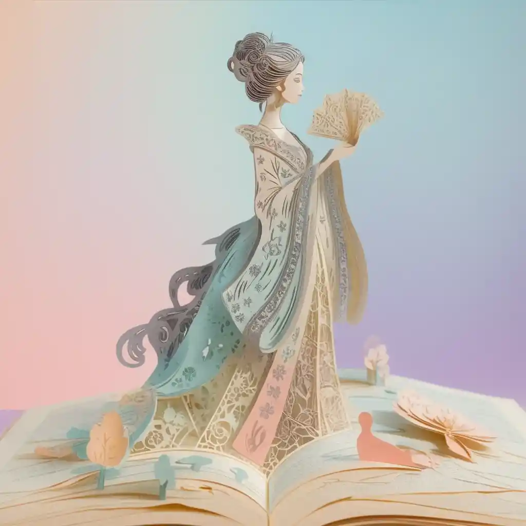 Elegant paper cutout woman emerging from a storybook