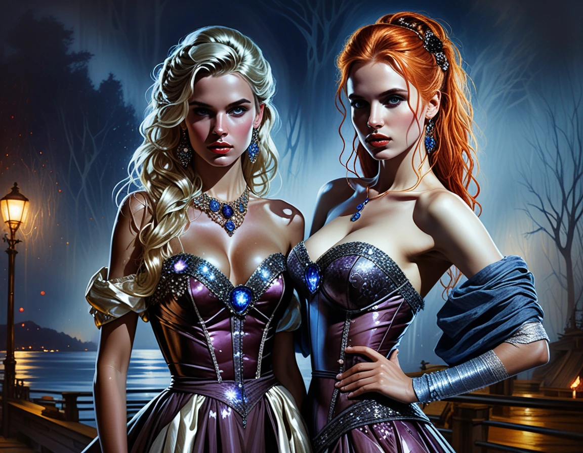 Glamorous blonde woman in gown before twilight mountains