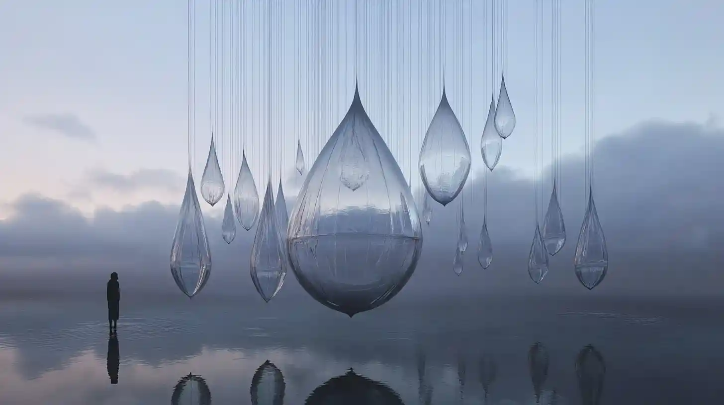 Floating glass droplets mirrored in a reflective twilight space
