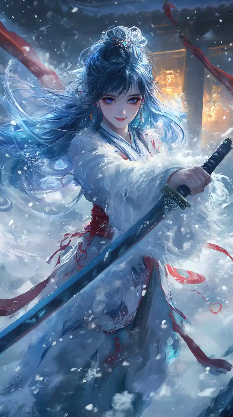 Blue haired anime girl with icy sword in temple