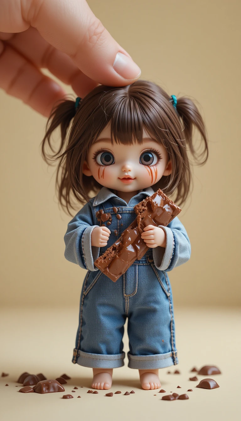 Tiny chibi girl hugging a bitten chocolate bar