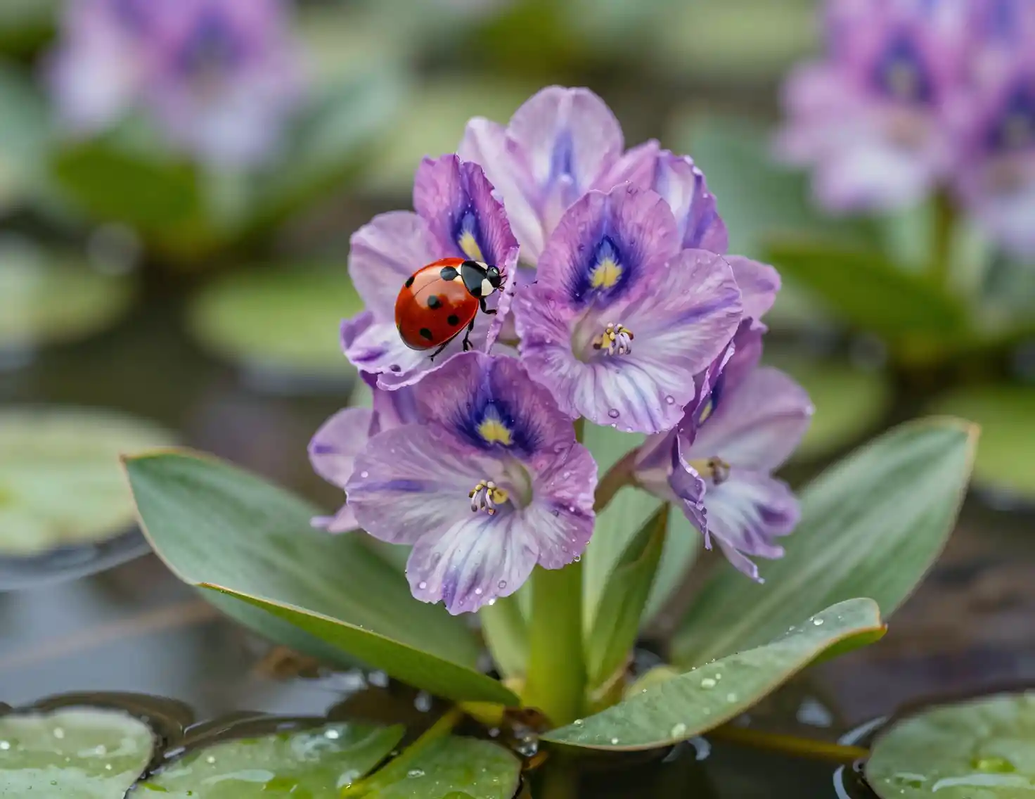 Macro view of water hyacinth flowers by a flowing stream