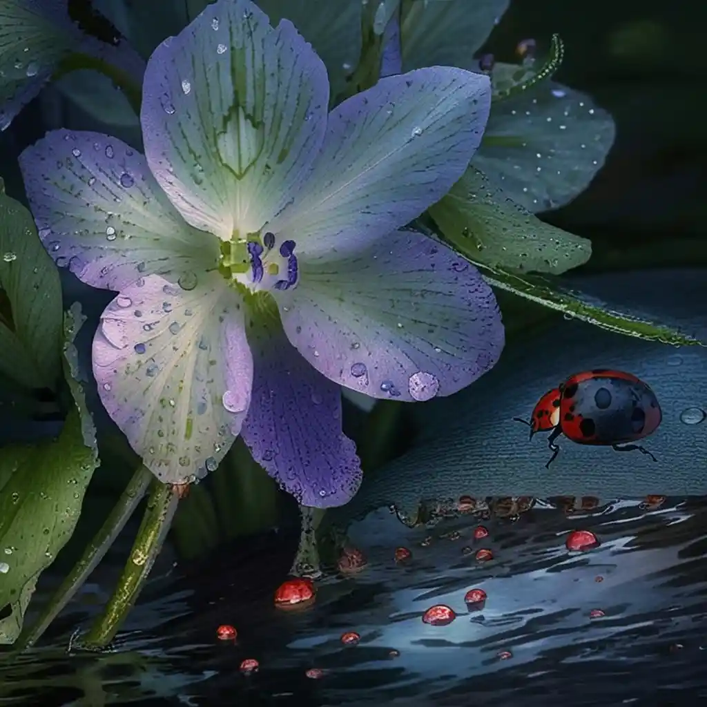 Water hyacinth blossoms beside a small flowing stream