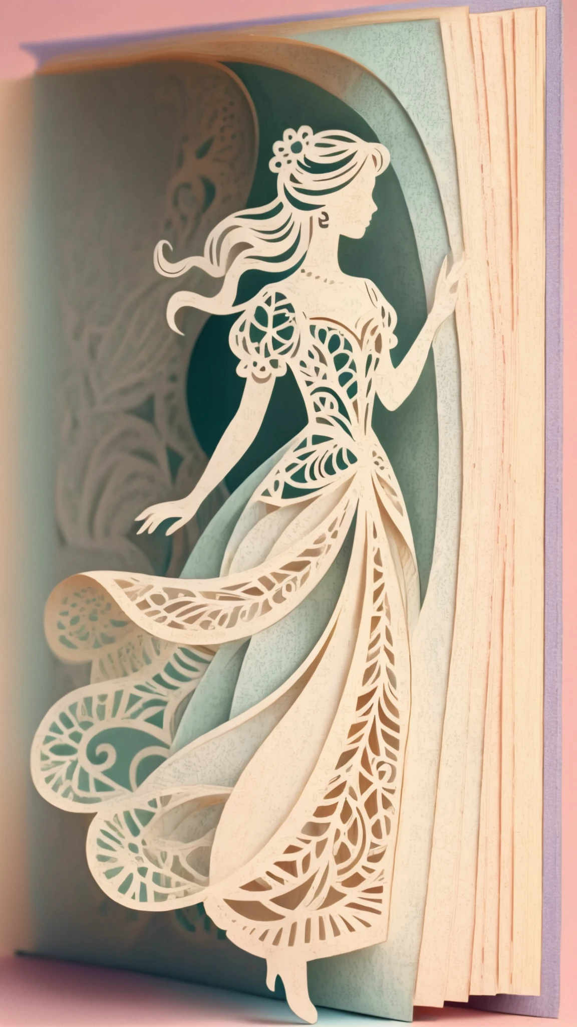 Elegant paper cutout woman emerging from a pastel pop up book