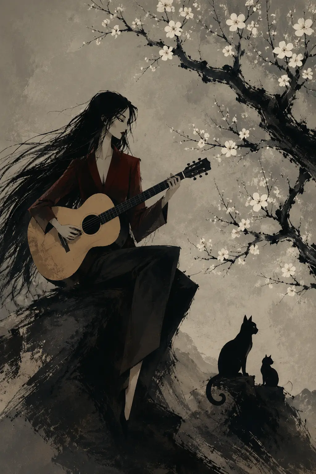 Donna che suona la chitarra accanto a un albero in fiore in toni delicati