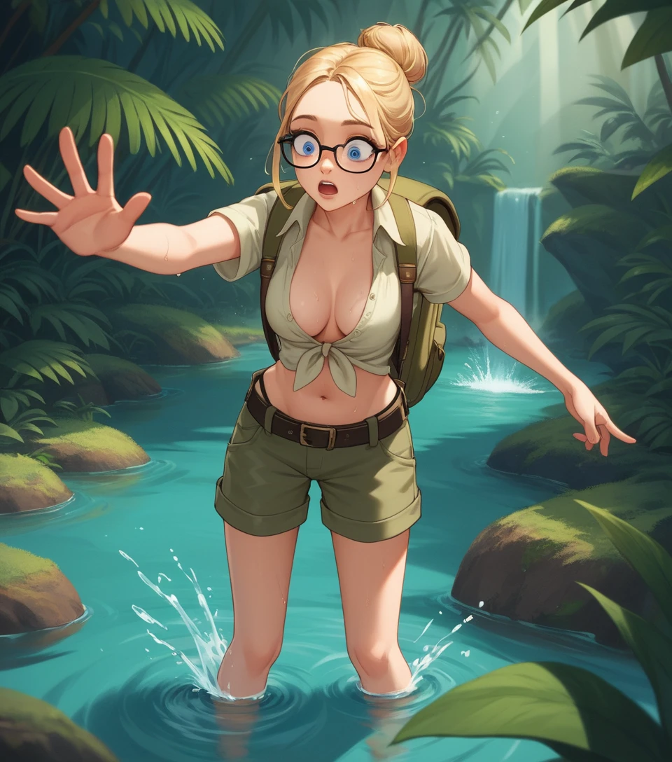 Young anthropologist slipping in a tropical jungle river
