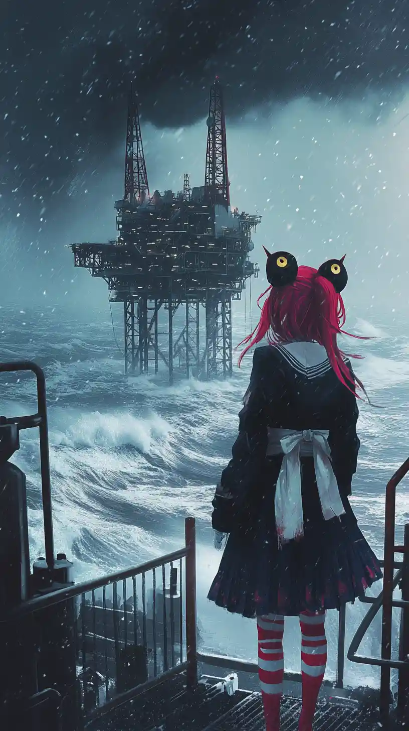 Anime girl on a snowy oil rig during a stormy night