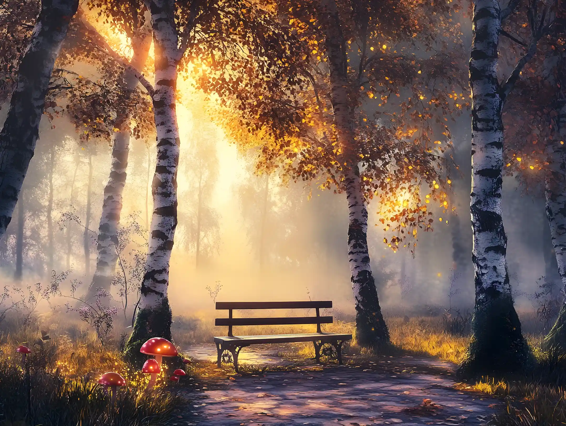 Mystical Sunrise Forest With Wolf And Glowing Red Mushrooms