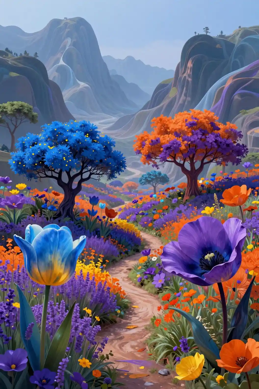Surreal path through giant colorful flowers and misty mountains