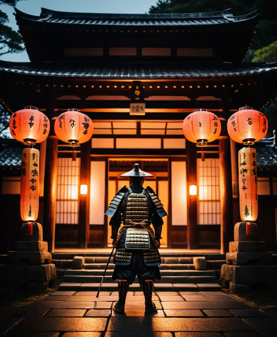 Samurai Guarding Lantern Lit Entrance Of Japanese Temple