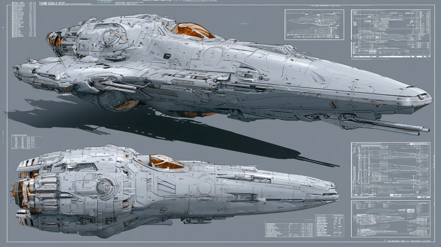 Technical schematic of a futuristic single seat space fighter