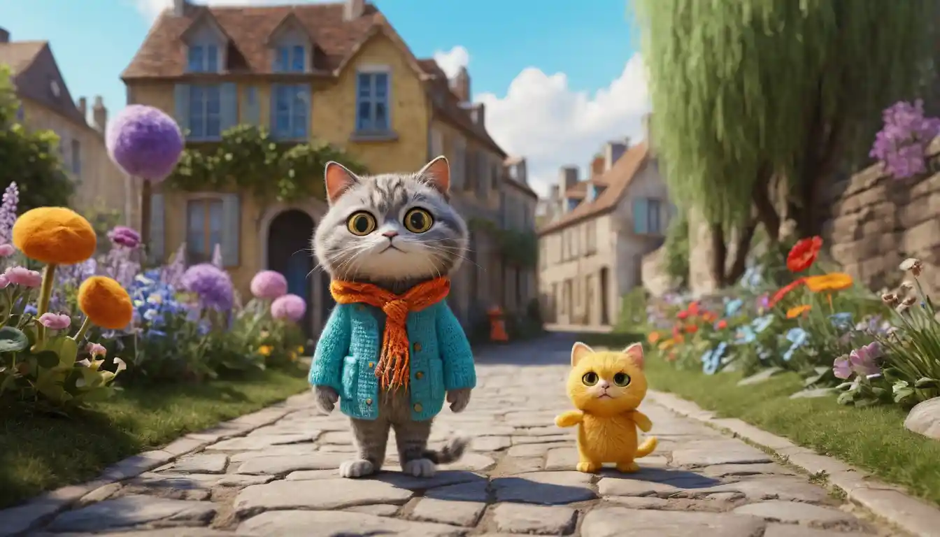 Cute 3D hippie cat listening to music on a city sidewalk