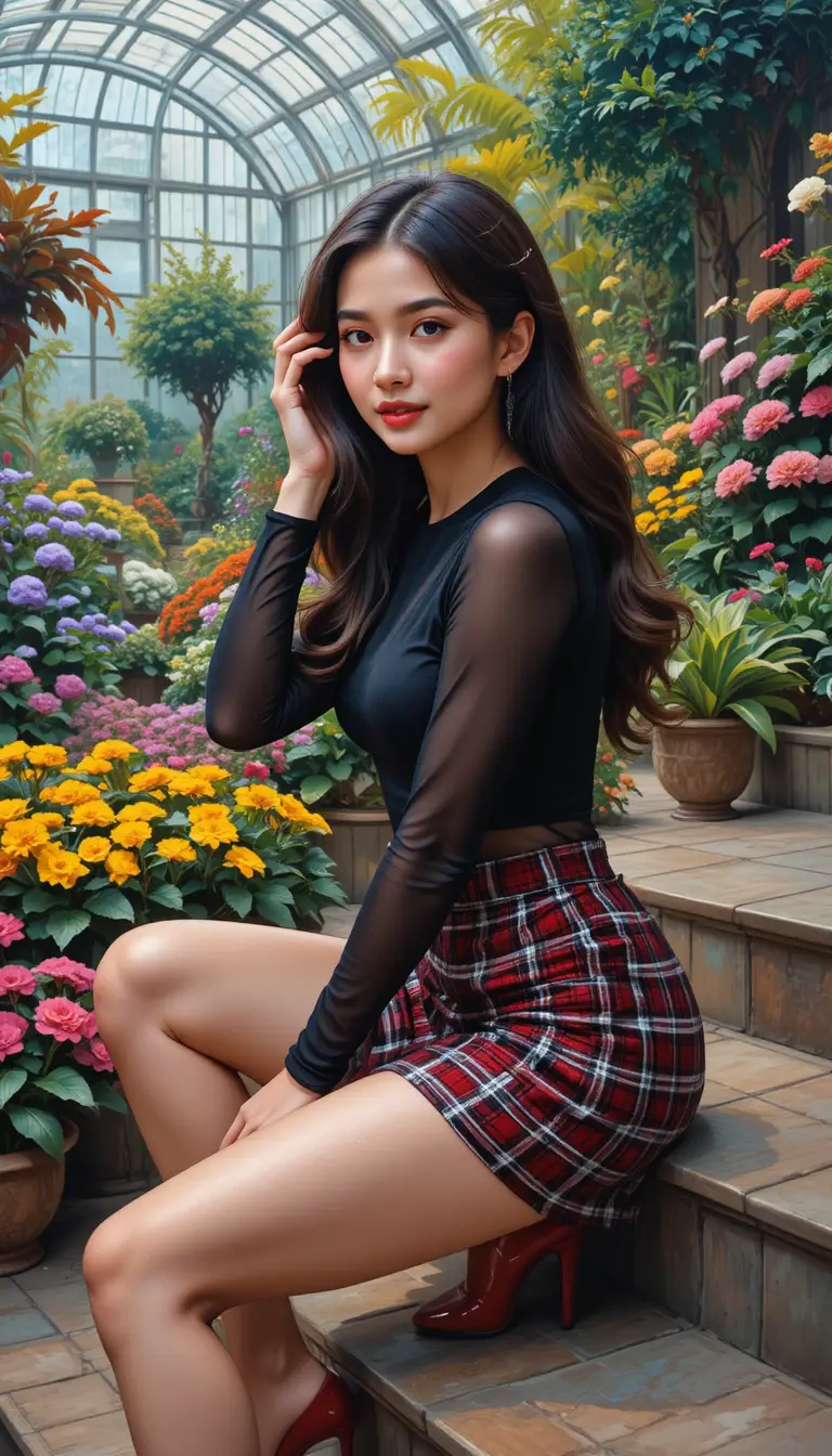 Woman sitting on stone steps in a colorful greenhouse