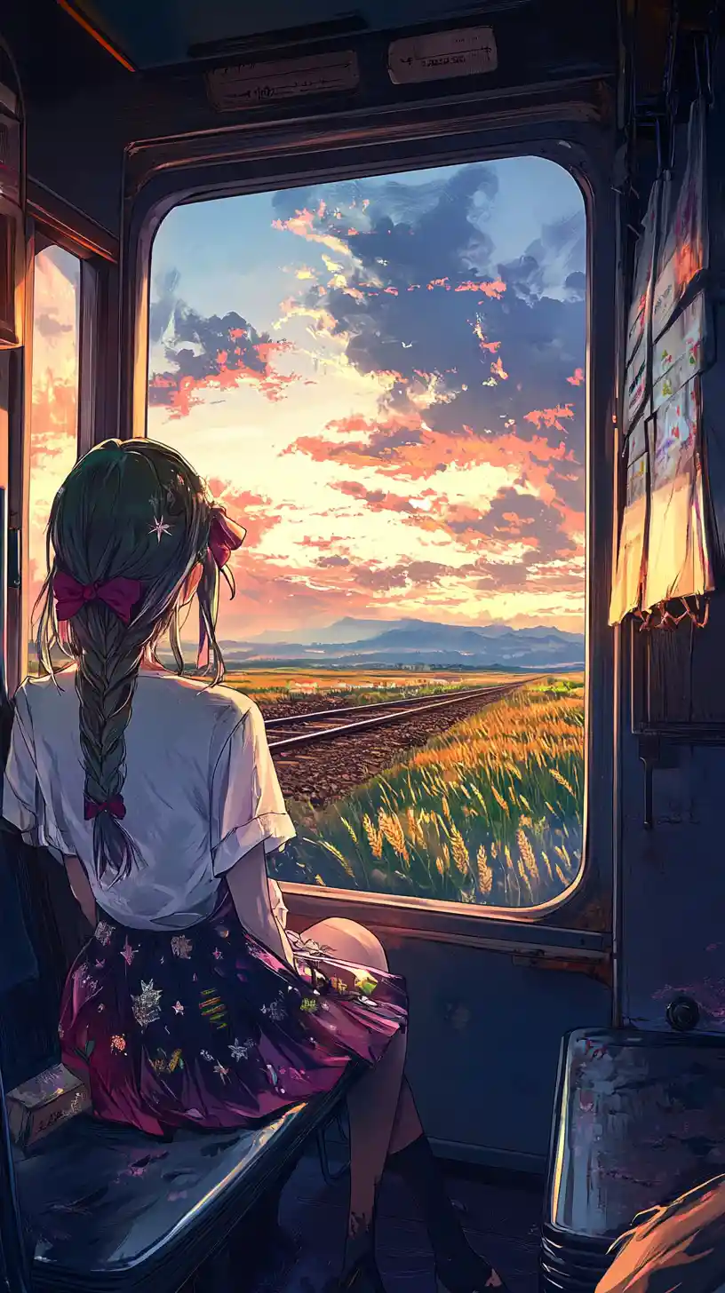Ragazza anime su un sedile del treno di fronte a un'ampia finestra sul mare